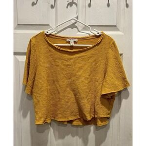 Rachel Hollis Mustard Yellow‎ Textured Cotton Cropped Flutter Sleeve Tee Shirt S